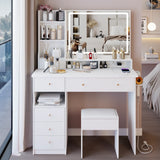 Vanity Desk Set With Cushioned Stool And Large Mirror White - Furniture Home Direct