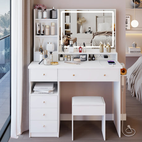 Vanity Desk Set With Cushioned Stool And Large Mirror White - Furniture Home Direct