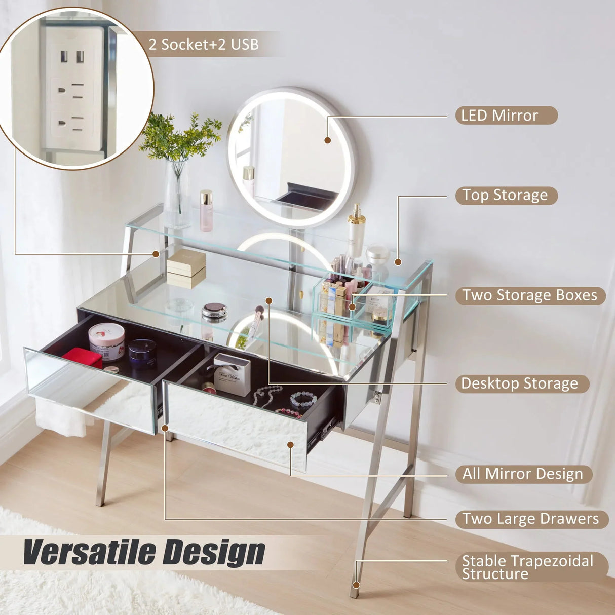 33.9" Mirrored Makeup Vanity Desk With Mirror And Lights, Mirrored Console Vanity Table With 2 Big Drawers & Open Shelf, Dressing Table With Charging Station For Bedroom - Silver - Furniture Home Direct