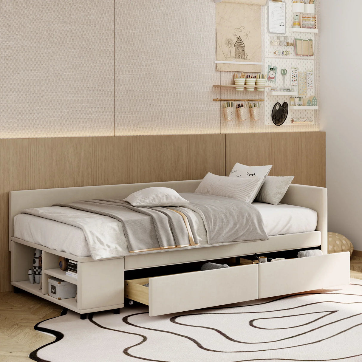 L Shaped Upholstered Platform Bed With Storage And Drawers - Furniture Home Direct