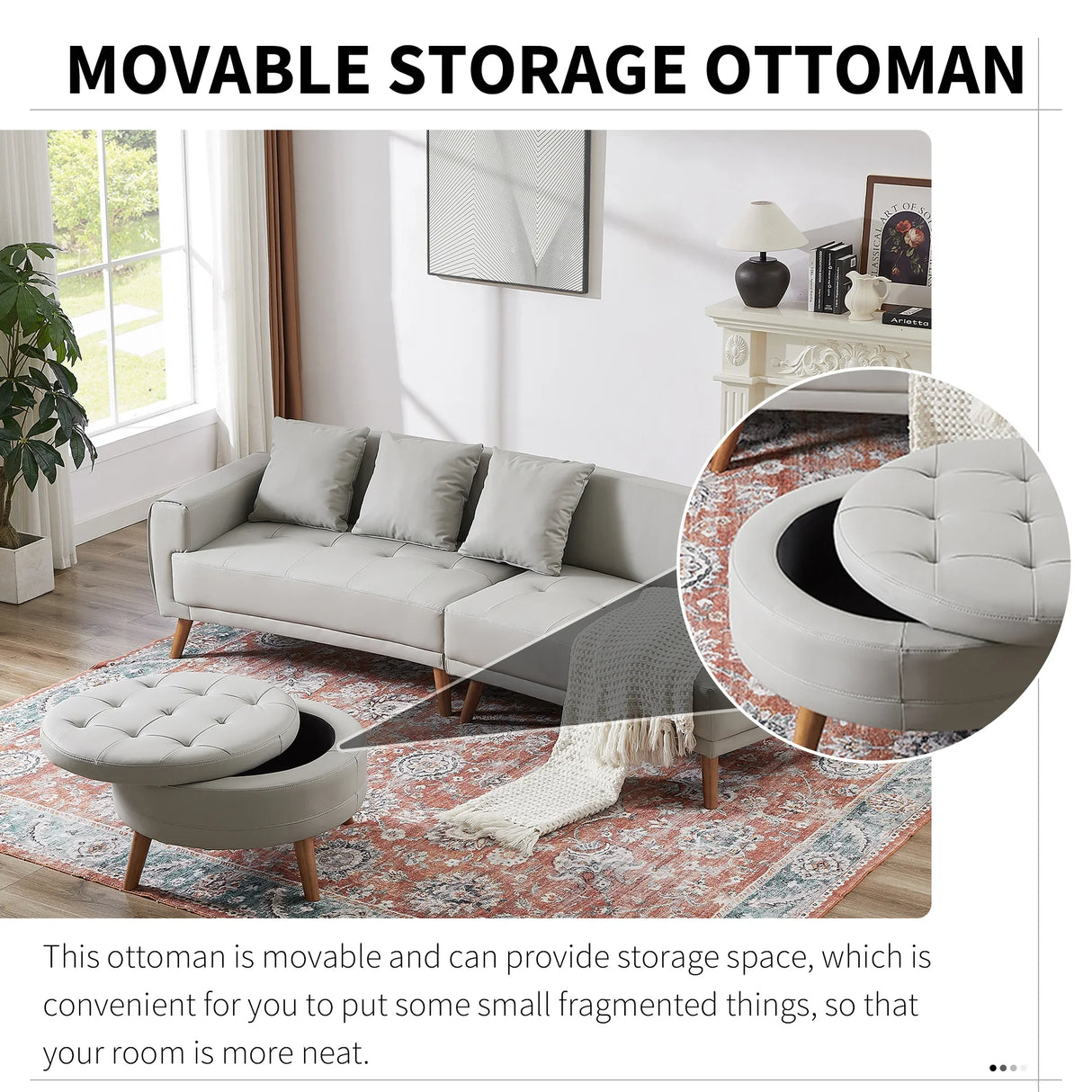 107 Inch Contemporary Sofa With Round Storage Ottoman Grey - Furniture Home Direct