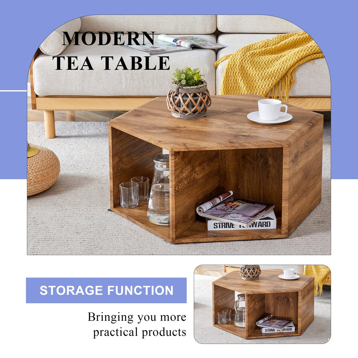 Coffee Table Set Hexagonal Wood Open Shelves Modern Wood - Furniture Home Direct