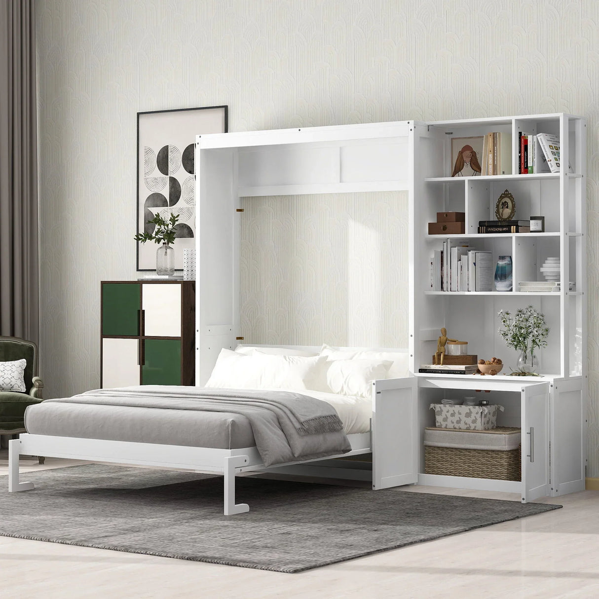 Full Size Murphy Bed With Multiple Storage Shelves - White - Furniture Home Direct