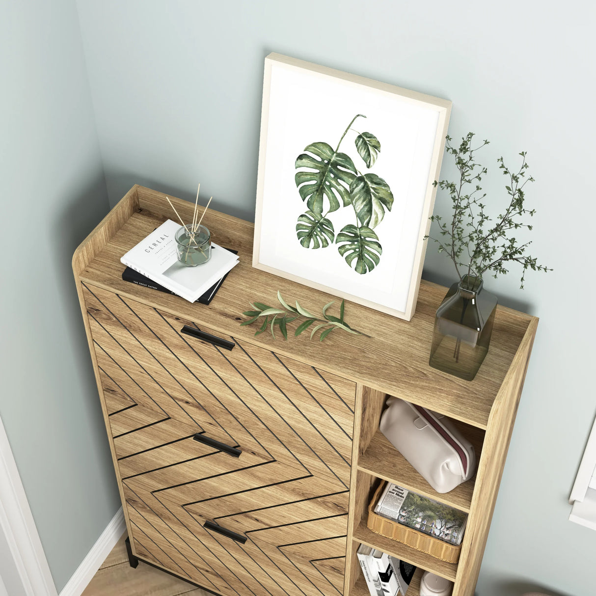 Shoe Cabinet with 3 Flip Drawers & Open Shelves, Modern Entryway Shoe Storage Cabinet Slim, Narrow Hidden Shoe Rack for Heels, Boots, Slippers, Wood Freestanding Shoe Organizer for Entrance - Furniture Home Direct