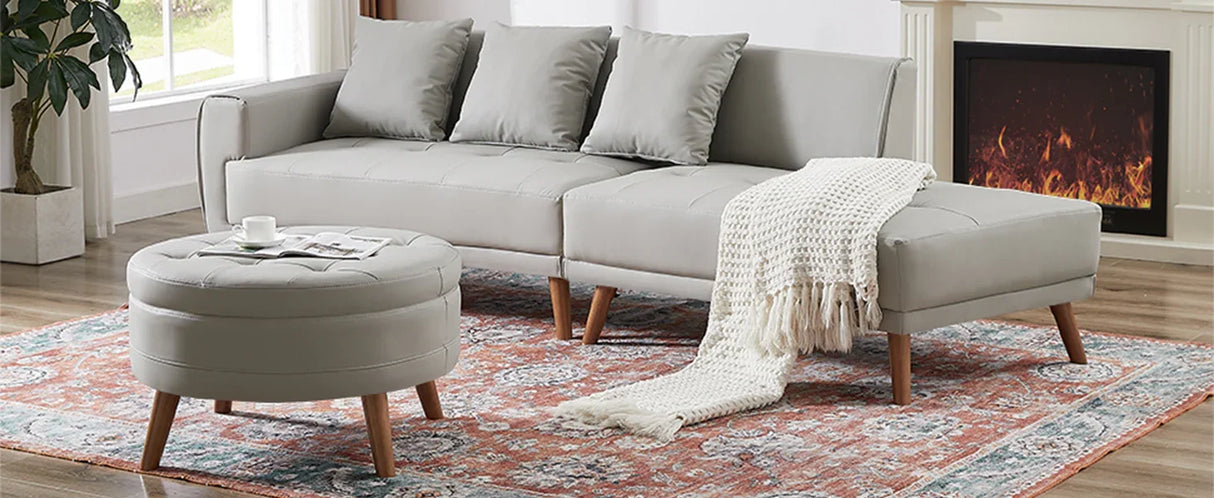 107 Inch Contemporary Sofa With Round Storage Ottoman Grey - Furniture Home Direct