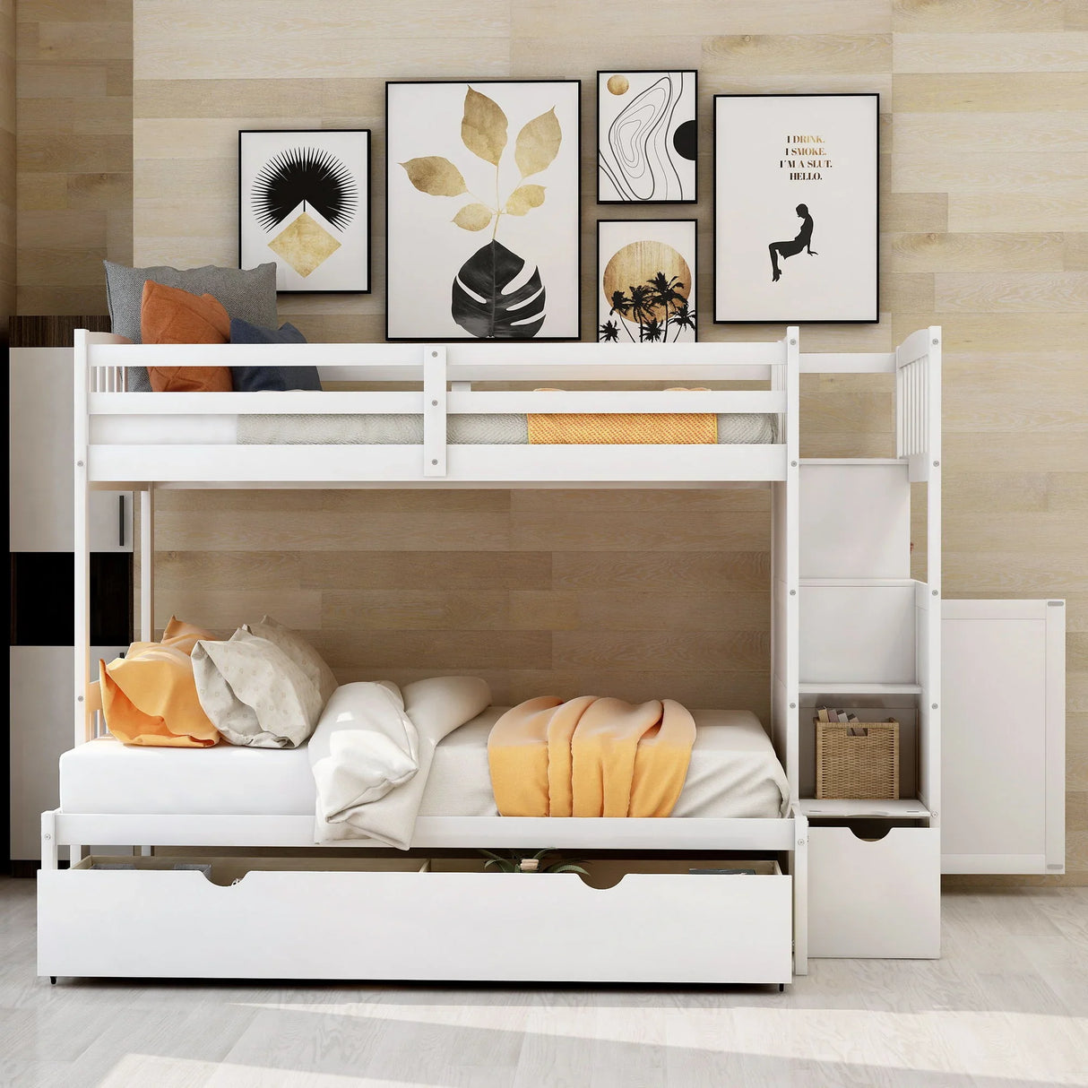 Bunk Bed, Convertible Bottom Bed, Storage Shelves And Drawers - Furniture Home Direct