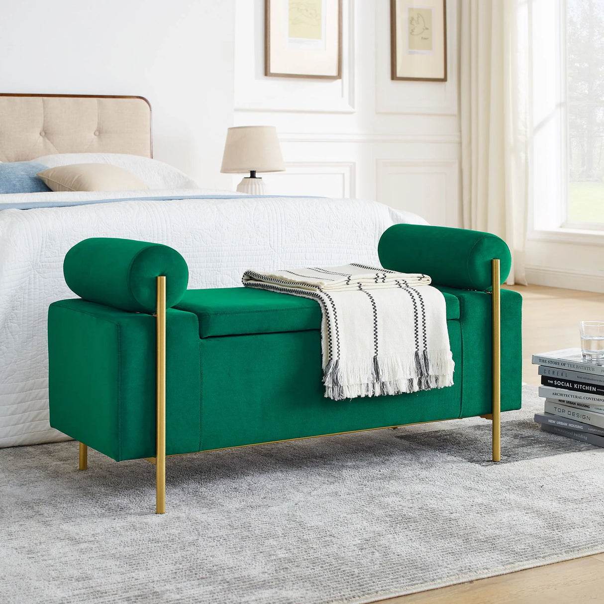 Elegant Upholstered Linen Storage Bench With Cylindrical Arms And Iron Legs, White - Furniture Home Direct