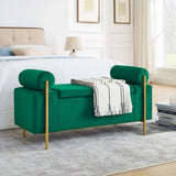Elegant Upholstered Linen Storage Bench With Cylindrical Arms And Iron Legs, White - Furniture Home Direct