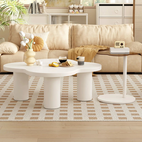 Modern Coffee Table (Set of 2), Irregular Shape Coffee Table With Four Roman Column Legs And End Table With Glass Top For Living Room - White - Furniture Home Direct