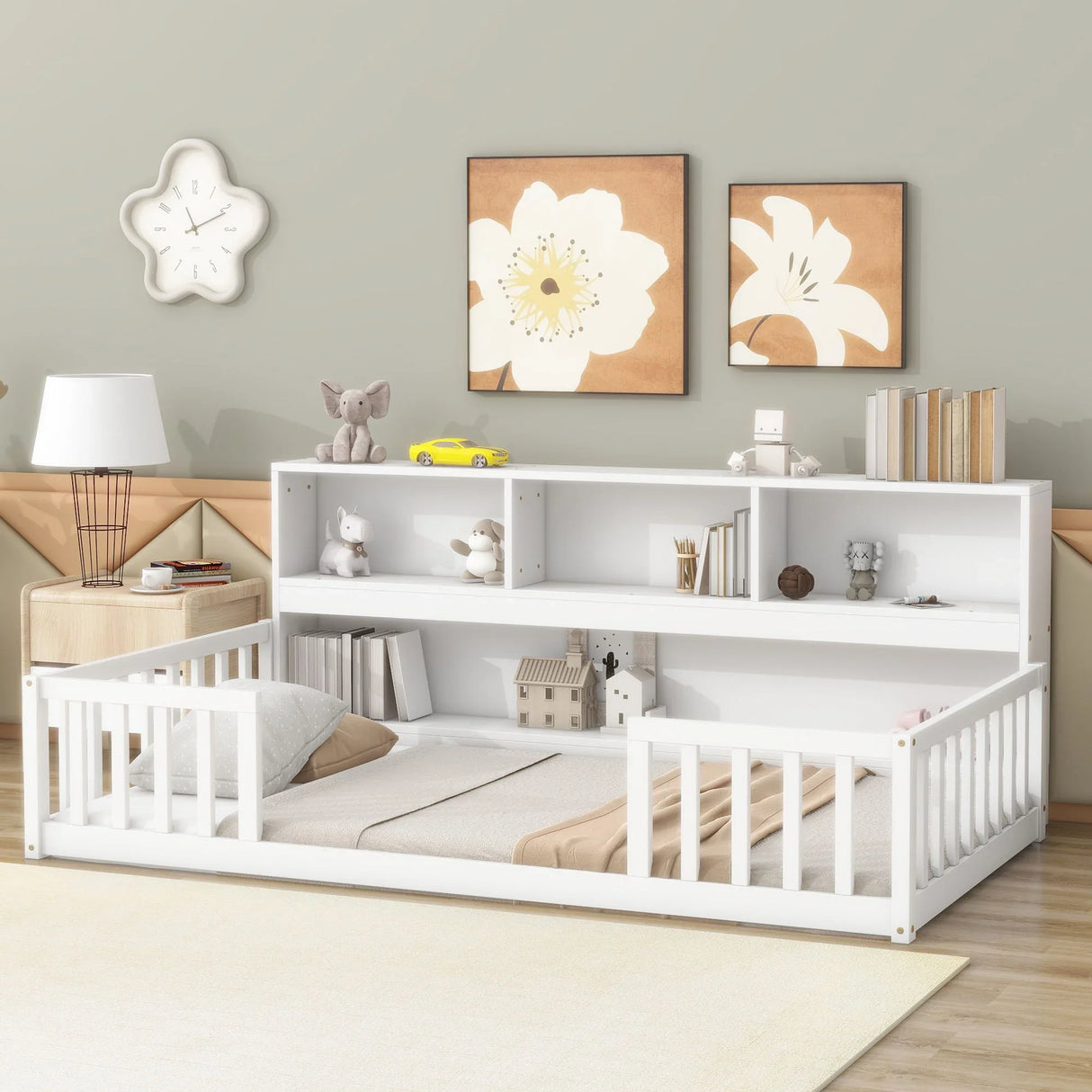 Floor Bed With Bedside Bookcase, Shelves, Guardrails - Furniture Home Direct