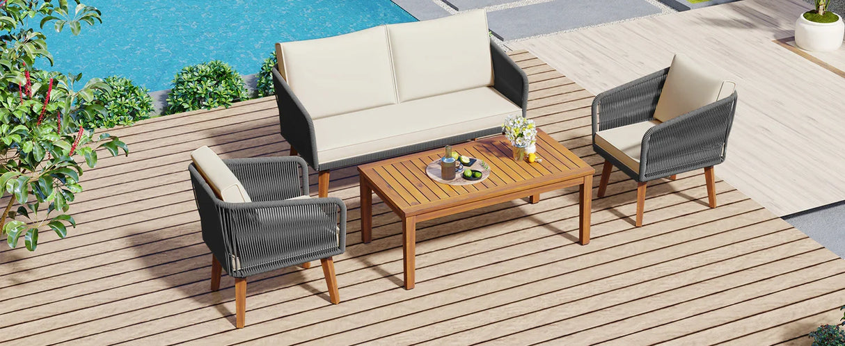 4-Piece Patio Conversation Set with Loveseat, 2 Chairs, Coffee Table + Cushions - Gray - Furniture Home Direct