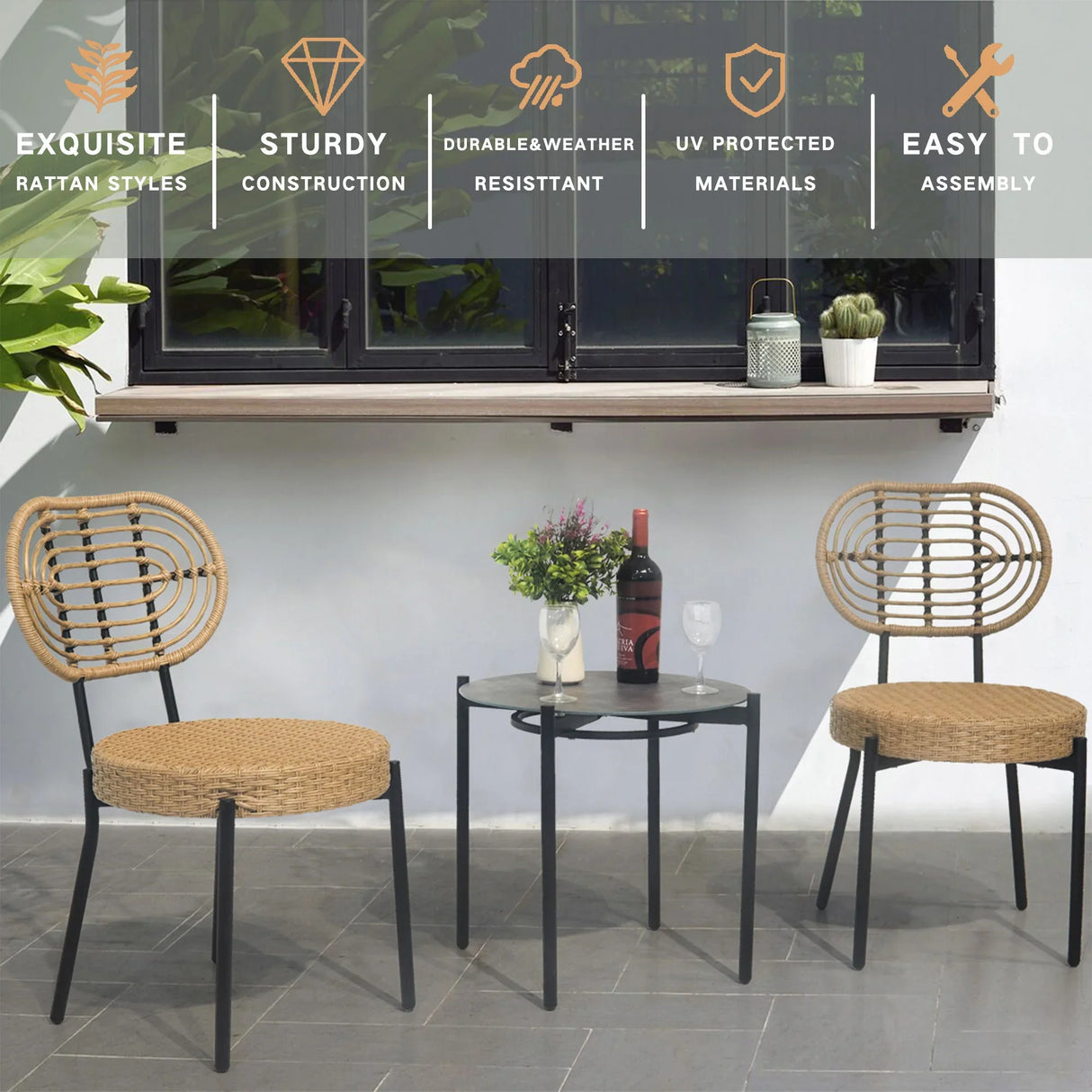 3 Pieces Of Luxury Outdoor Wicker Furniture Patio Bistro Style Table And Chair Combination, Weather Resistant PE Wicker Weave, Suitable For Garden - Black / Natural - Furniture Home Direct