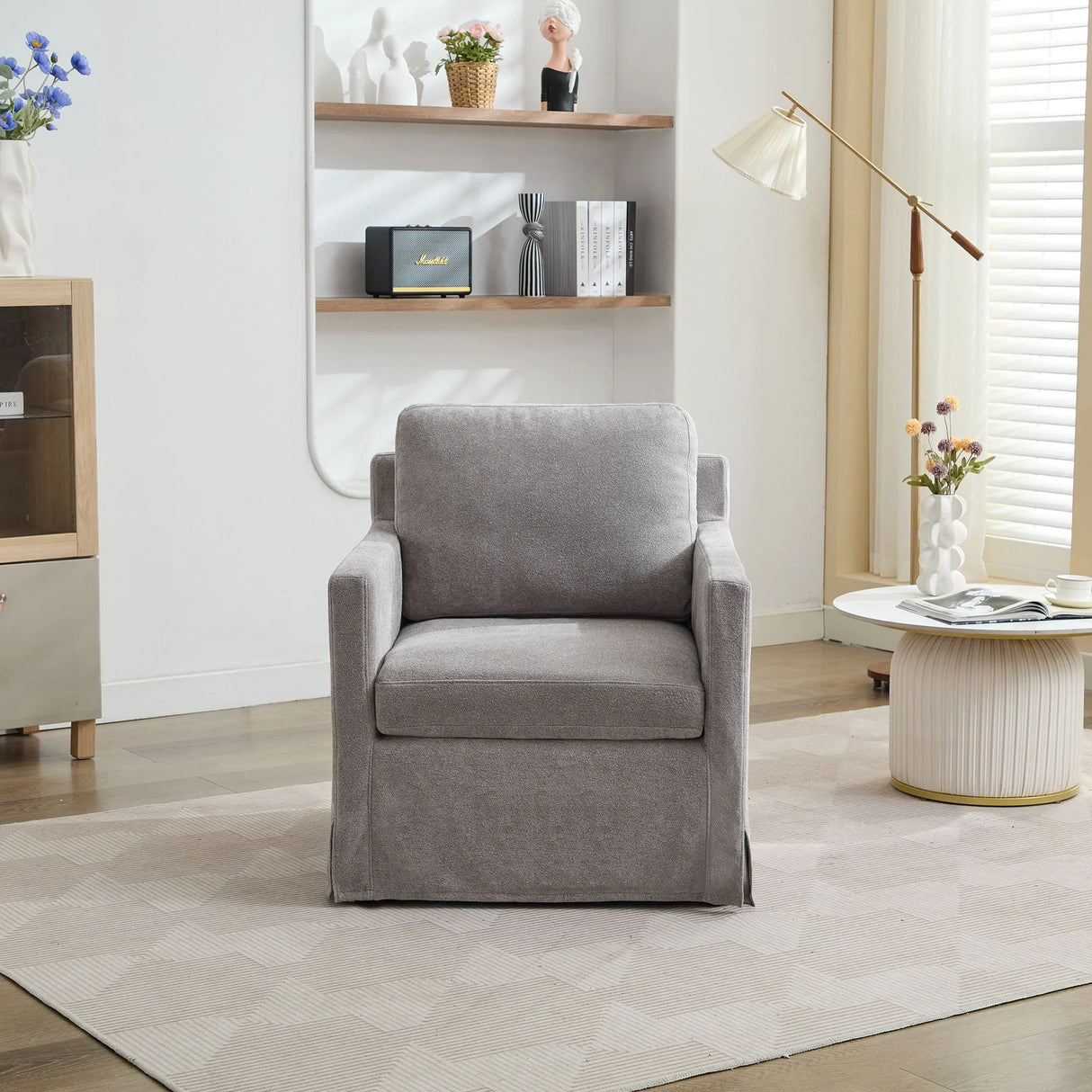 Upholstered Skirted Swivel Chair With Removable Back Cushion For Living Room - Furniture Home Direct