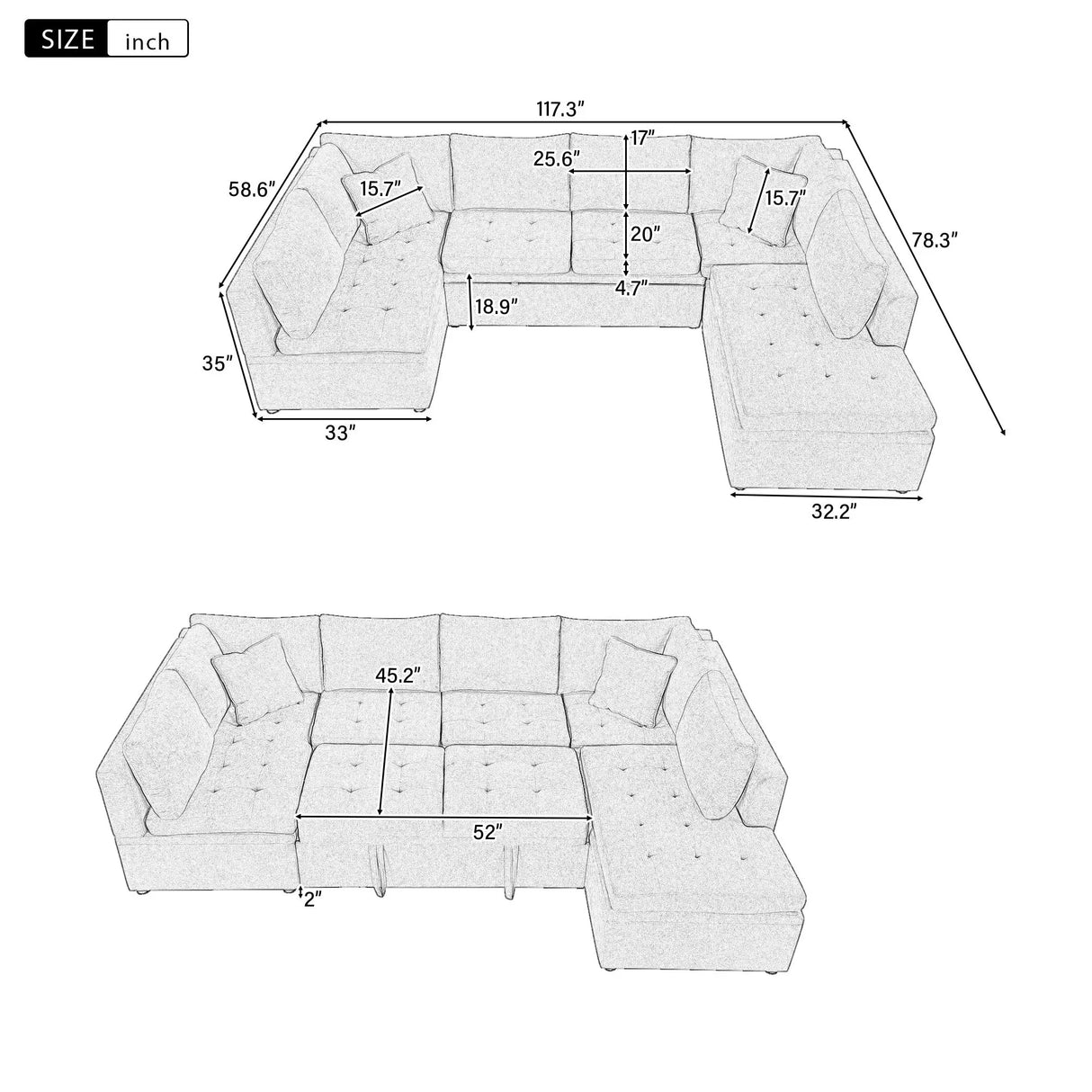Oversized Sectional Sofa U-Shaped Sofa Couch Pull-Out Sofa Bed With Two Throw Pillows For Living Room - Furniture Home Direct