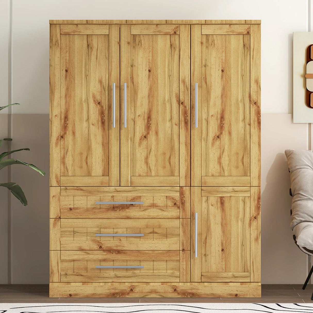 Wardrobe Armoire with Four Doors and Three Drawers Natural - Furniture Home Direct