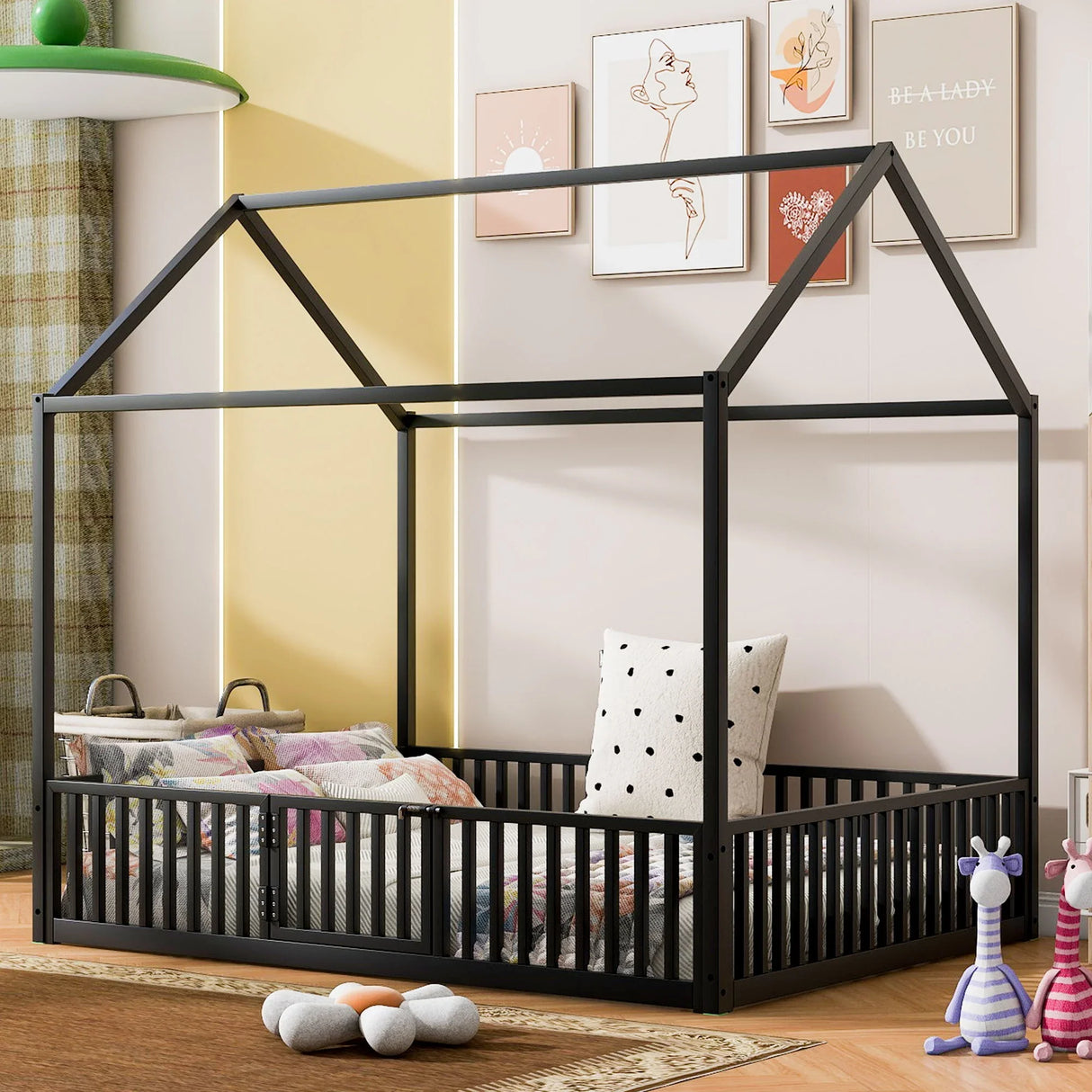 Metal House Bed With Fence And Door - Furniture Home Direct