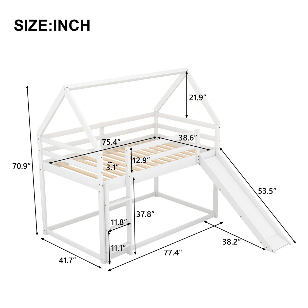 Twin Size Bunk House Bed With Slide And Ladder - White - Furniture Home Direct
