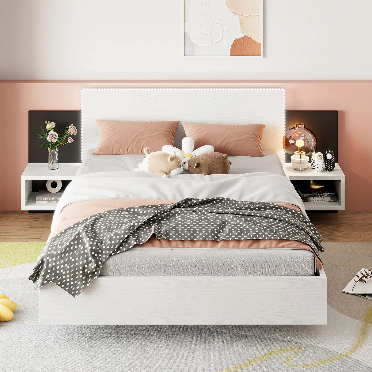 Floating Platform Bed, With LED Lights, Bedside Nightstand - Furniture Home Direct