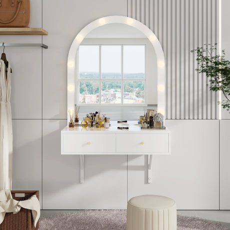 Floating Vanity Desk With Lighted Mirror And Drawers White - Furniture Home Direct