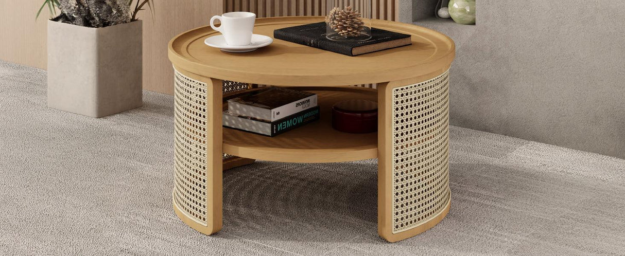 Round Coffee Table With Storage Caned Sides Natural - Furniture Home Direct