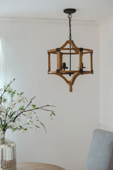 3 Light Wood Drum Chandelier, Hanging Light Fixture With Adjustable Chain For Kitchen, Bulb Not Included - Brown - Furniture Home Direct