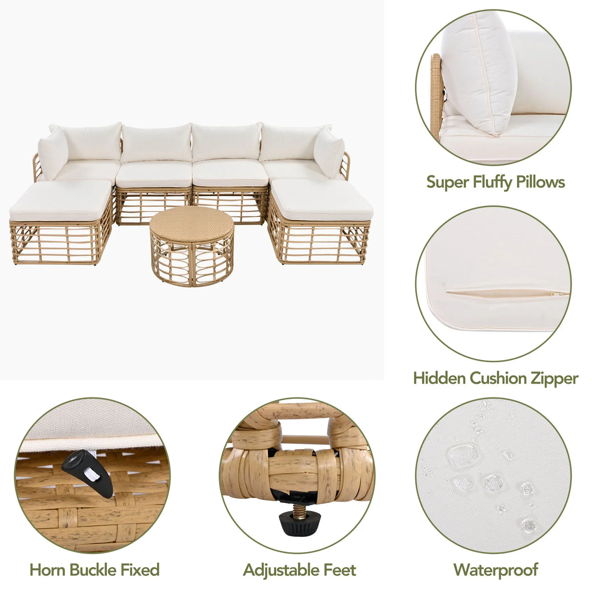7 Piece Outdoor Patio All-Weather Rattan Sectional Sofa Set With Thick Cushions And Pillows - Beige - Furniture Home Direct