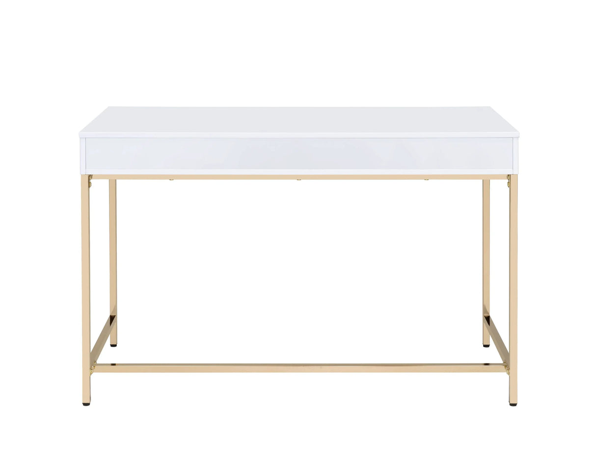 Vanity Desk Gloss Finish With Gold Metal Legs White - Furniture Home Direct