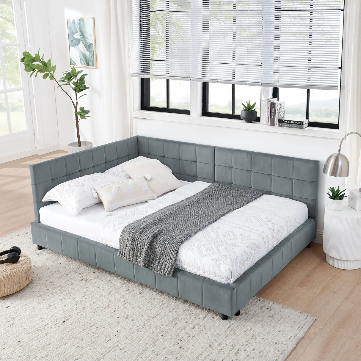 Mid-Century Storage Upholstered Tufted Bed Frame With Backrest And Armrests - Furniture Home Direct
