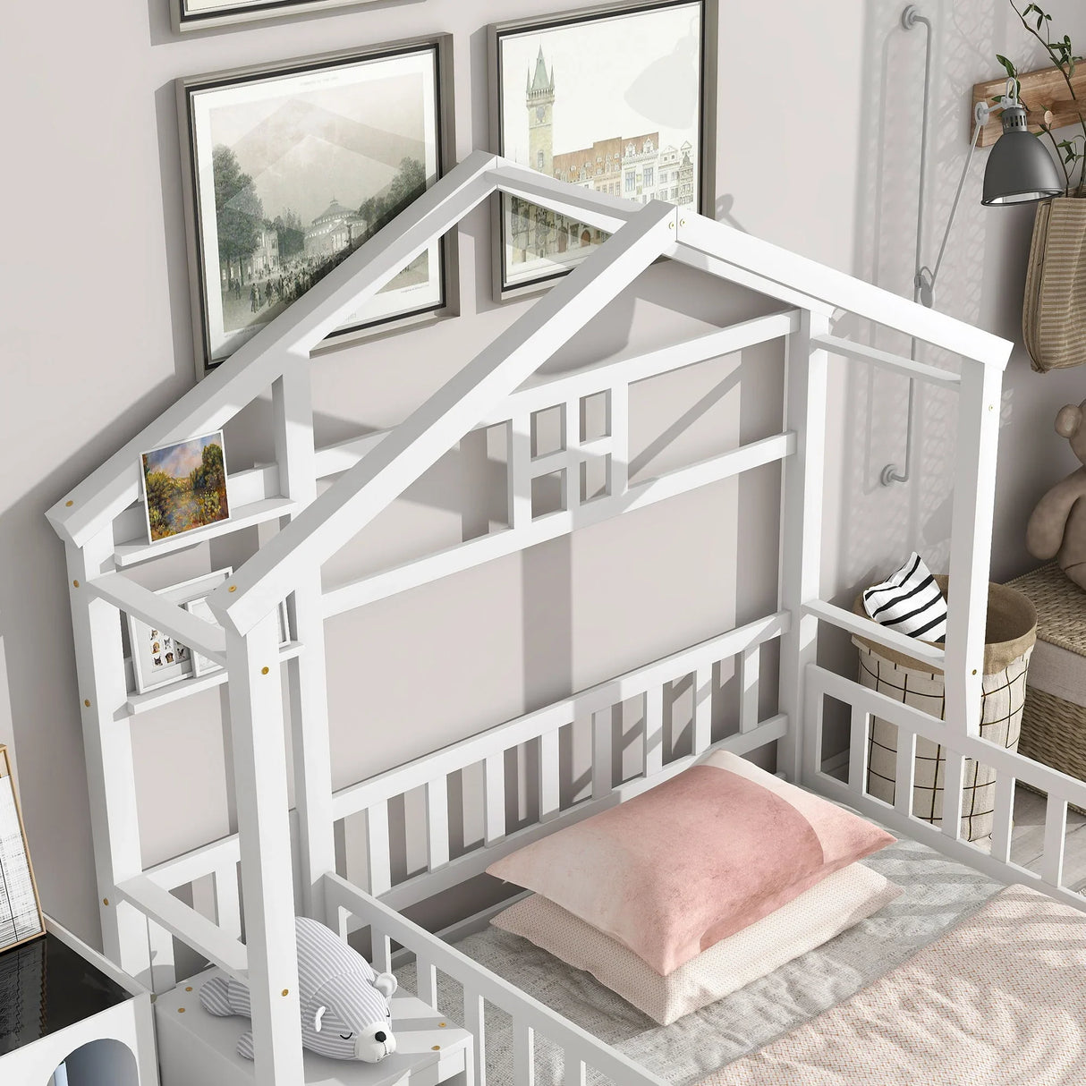 House-Style Headboard Floor Bed With Fence Guardrails Without Cushion - Furniture Home Direct