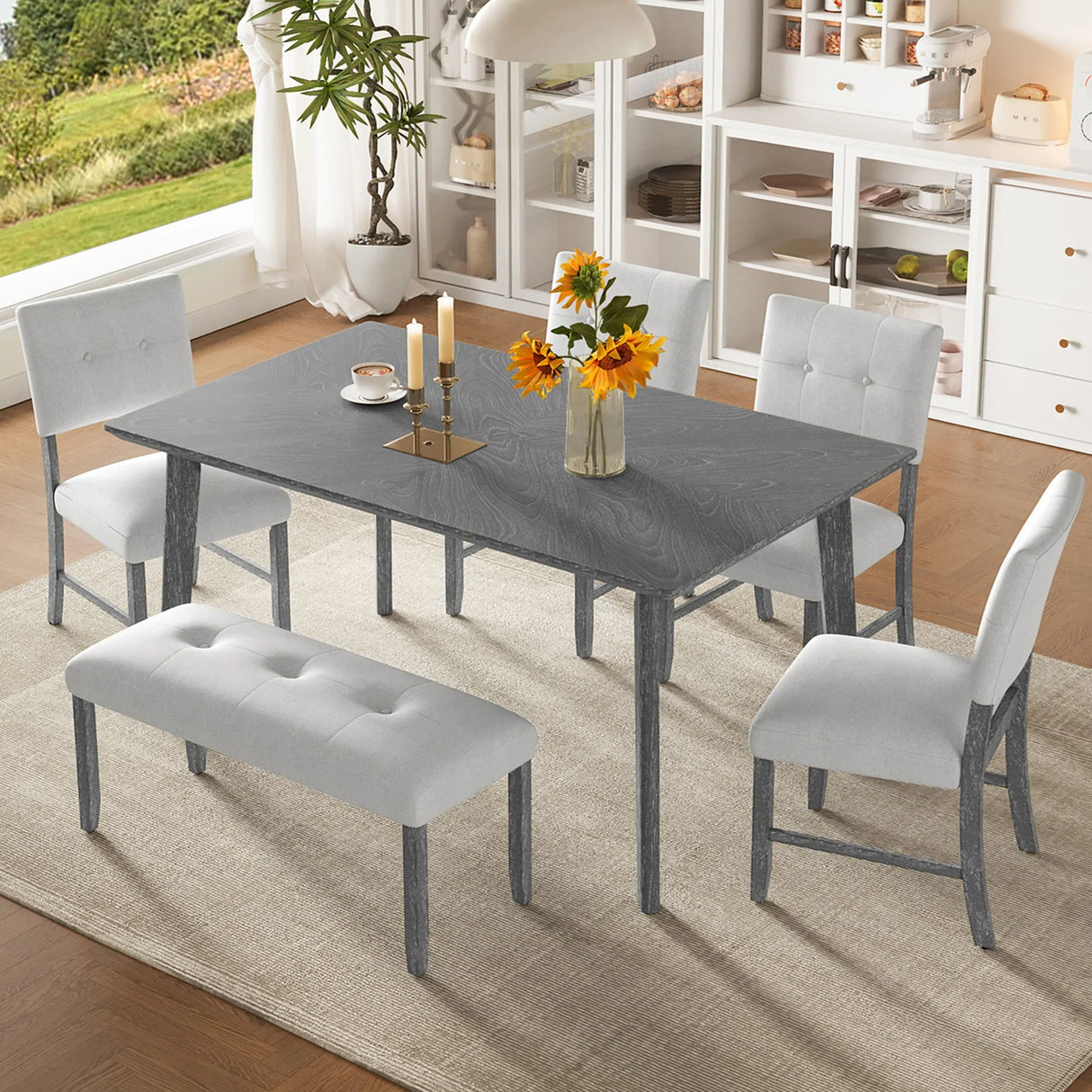 Rustic Farmhouse Dining Room Rectangular Table With 4 Upholstered Chairs And Bench - Furniture Home Direct