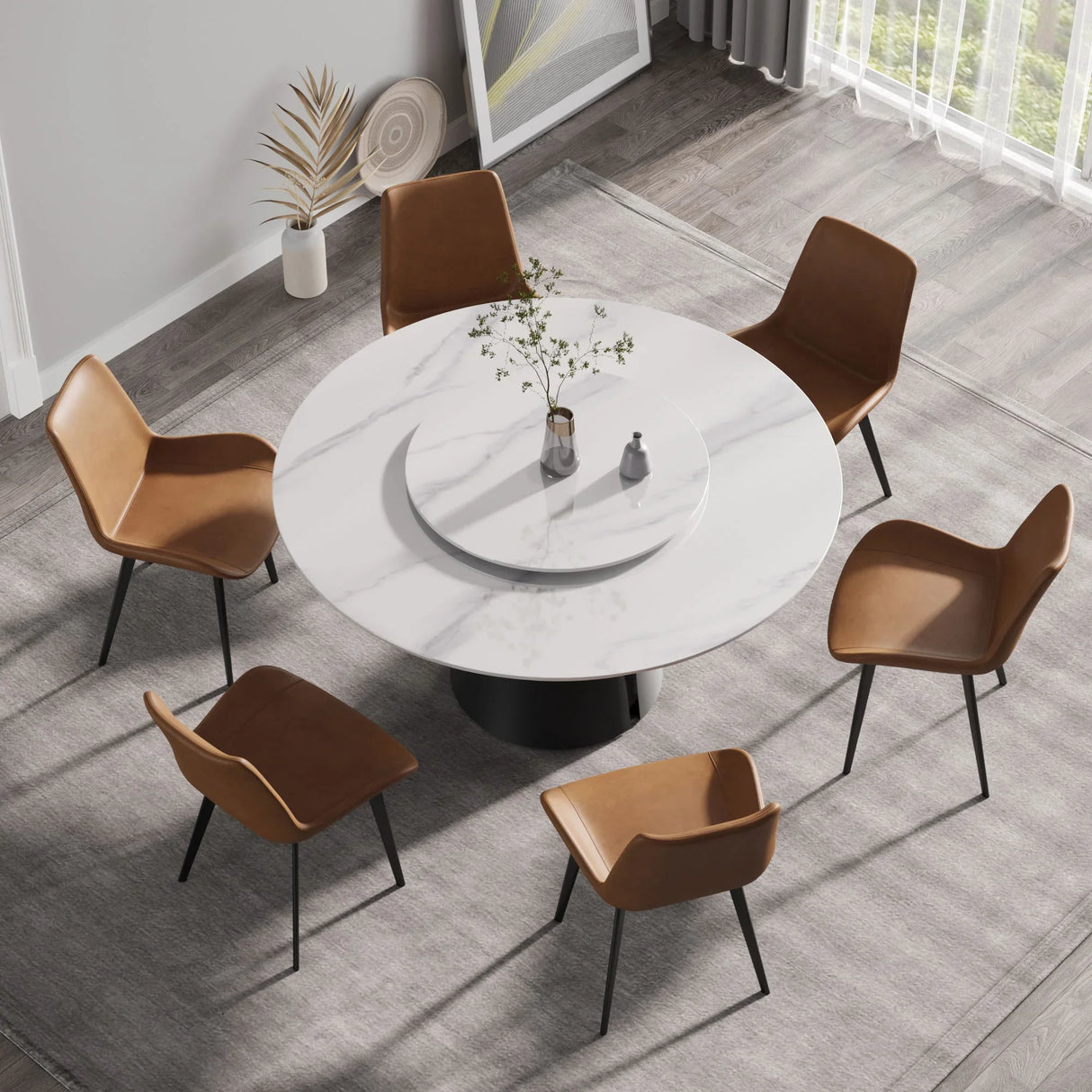 Modern Artificial Stone Round Carbon Steel Base Dining Table, Can Accommodate 6 People, Black Artificial Stone Turntable - Furniture Home Direct