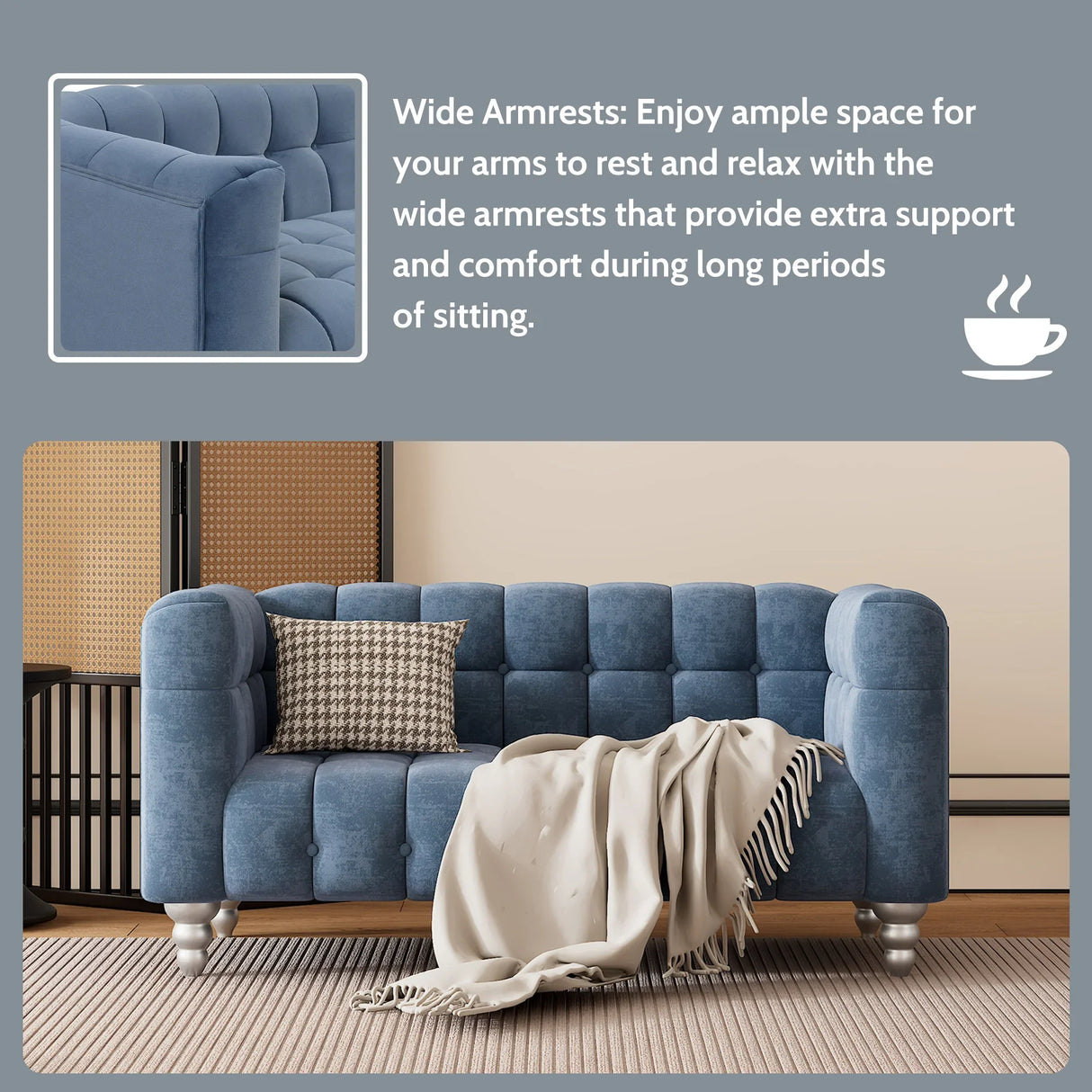 Modern 3-Living Room Set Including Sofa, love seat and Chair with solid wood legs, buttoned tufted backrest - Blue - Furniture Home Direct
