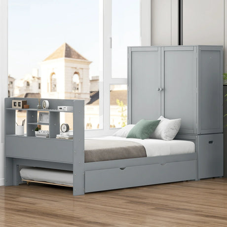 Twin Platform Bed With Storage Headboard Shelves Gray - Furniture Home Direct