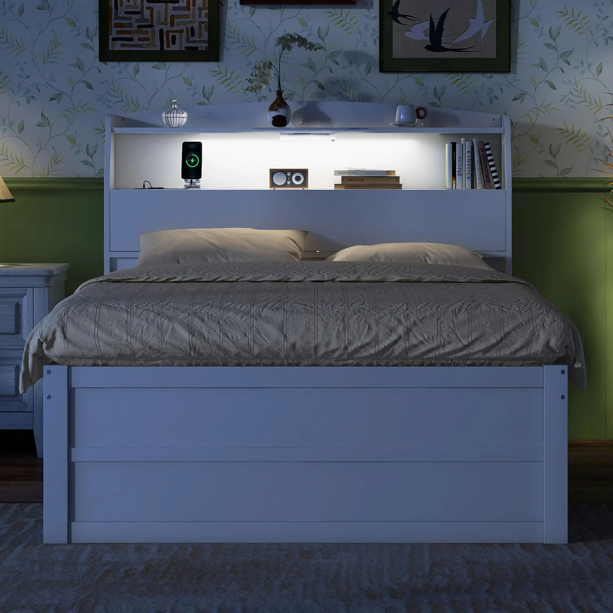 LED Platform Bed With Trundle With Storage Headboard With Drawers - Furniture Home Direct
