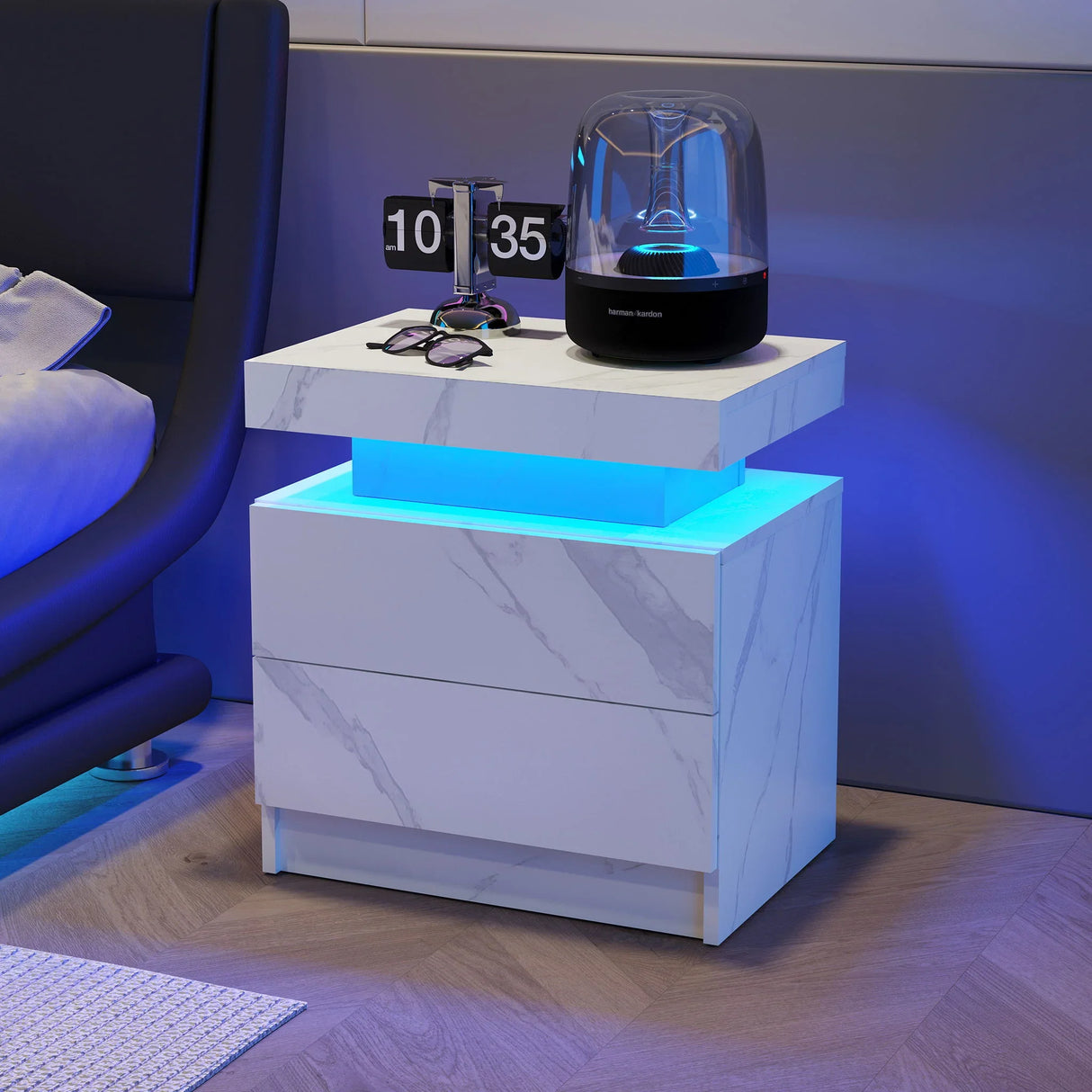 Nightstand LED, Bedside Table Cabinet With 2 Drawers For Bedroom - Furniture Home Direct