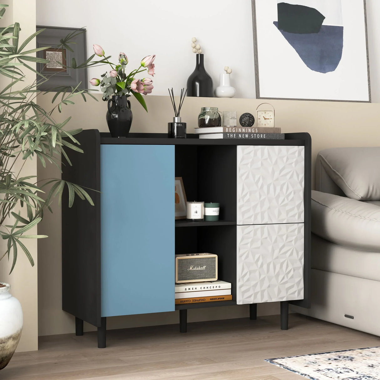 Modern Sideboard Buffet Cabinet With Red Doors And Unique Panel Styling - Furniture Home Direct