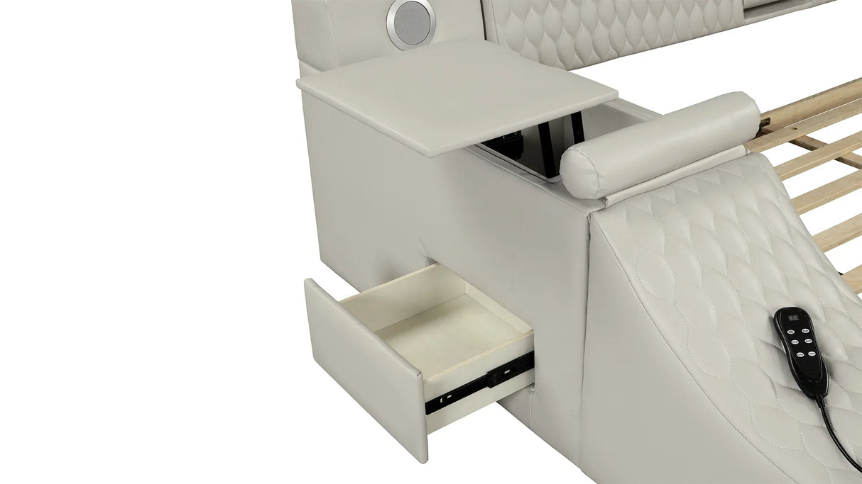 Queen Bed Upholstered Platform with Built in Lighting Beige - Furniture Home Direct