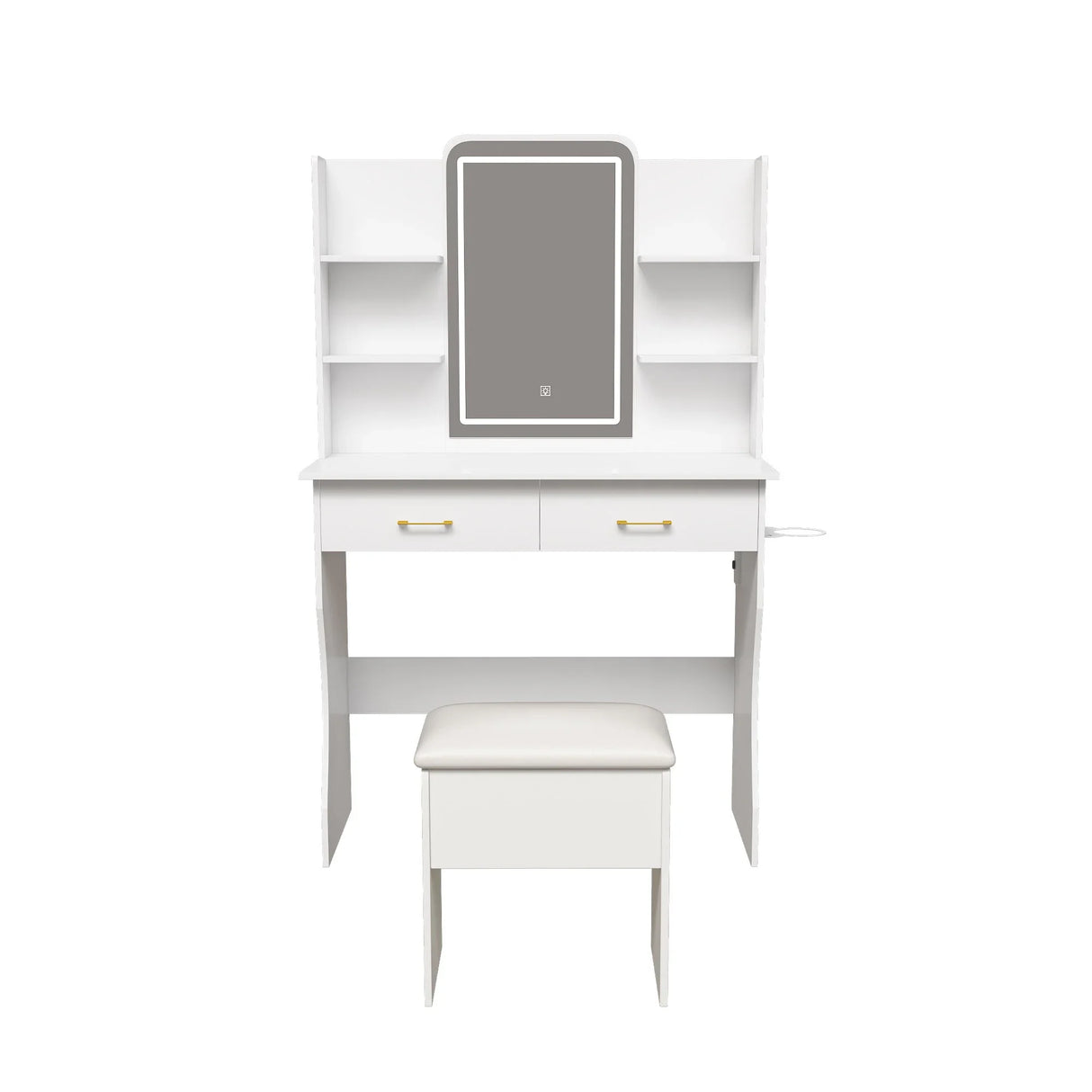 Vanity Desk With LED Lights Mirror, Power Outlet, Storage Drawers & Chair - White - Furniture Home Direct