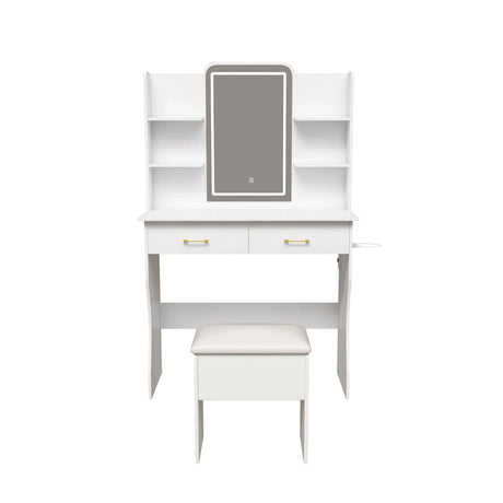 Vanity Desk With LED Lights Mirror, Power Outlet, Storage Drawers & Chair - White - Furniture Home Direct