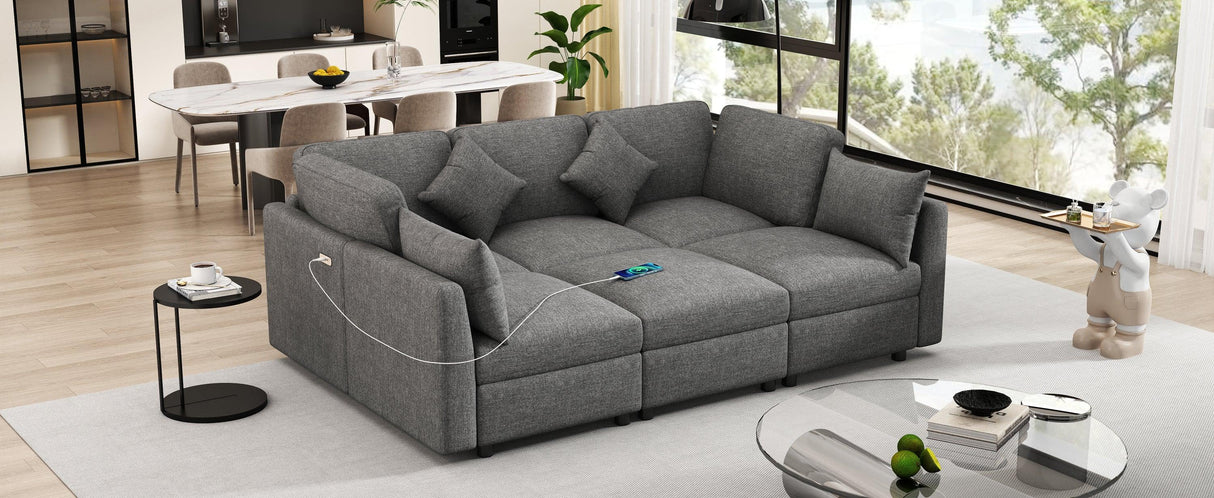 Sectional Sofa, Modular With USB Ports And Ottoman, Grey - Furniture Home Direct