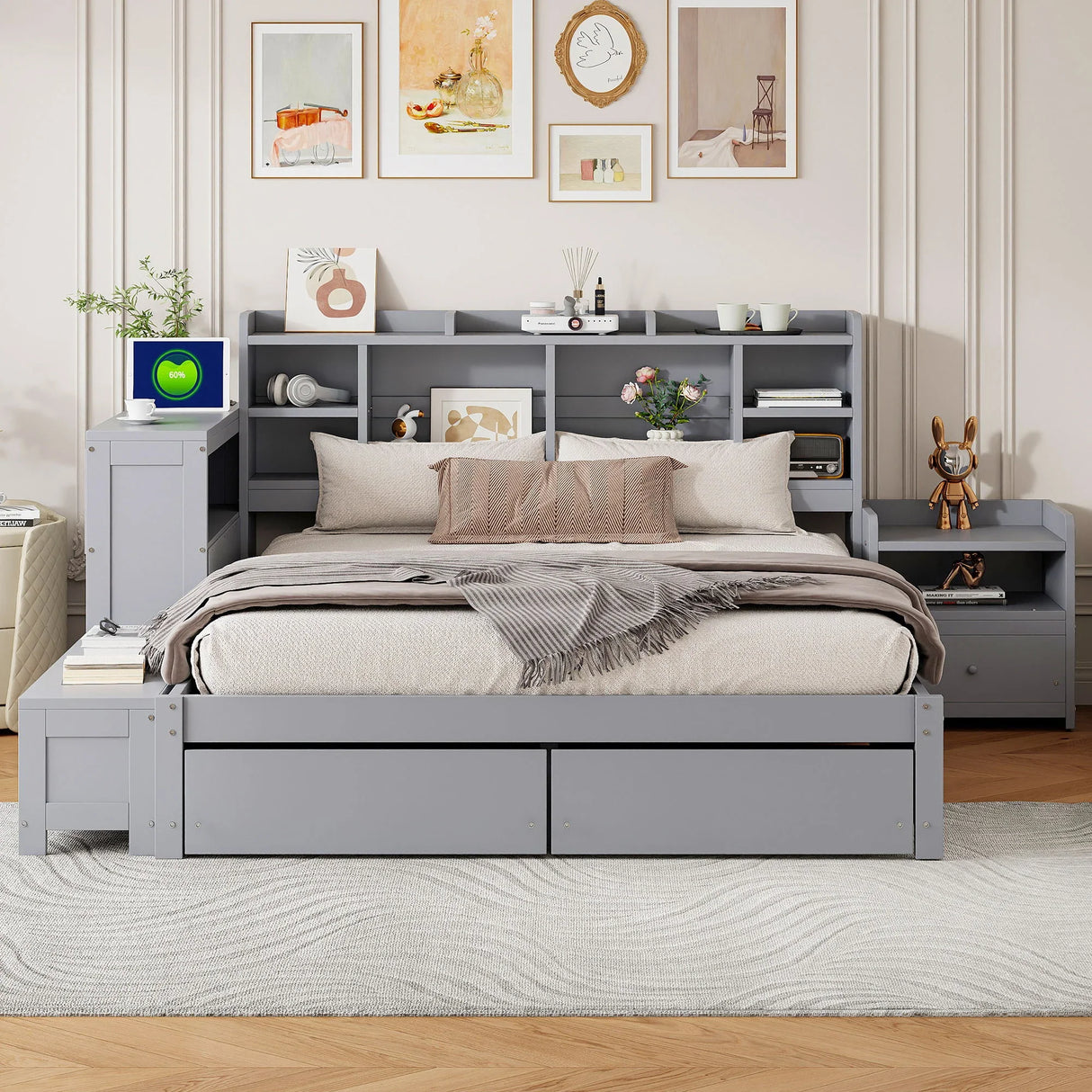 Platform Bed With Multi Functional Storage Space, Nightstand, 2 Drawers, USB Ports And Desk - Furniture Home Direct