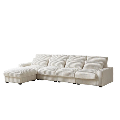 Corduroy With Cup Holder Super Large L Shaped Sofa, Movable Footrest, 4 Waist Pillows And 4 Back Cushion, With USB Port And Type - C Port - Beige - Furniture Home Direct