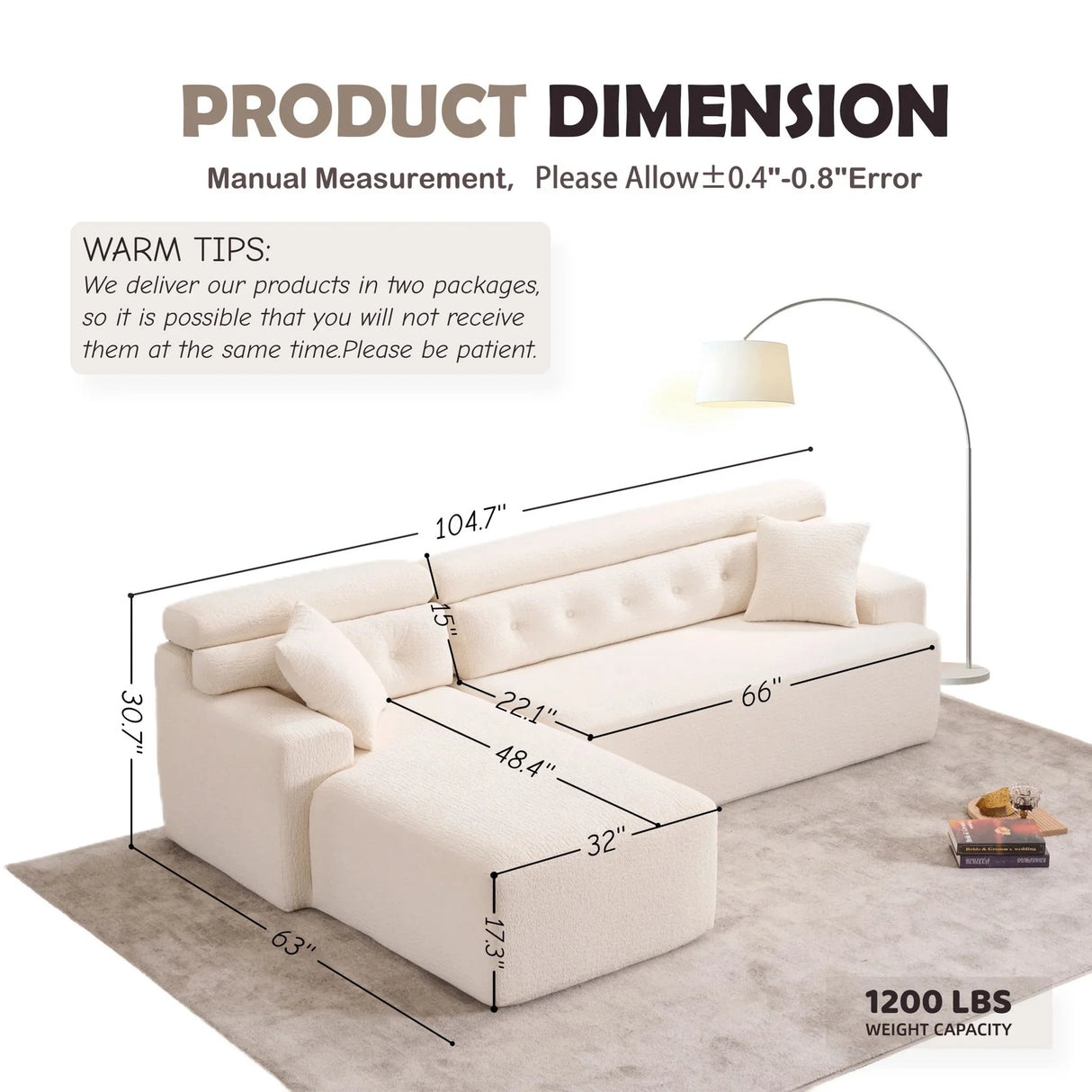 Ly 029B Convertible Chaise Sectional Sofa Full Compression Sponge Modular Couch Cloud 3 Seater Wood Grain Chenille 2 Pillows - Antique White - Furniture Home Direct