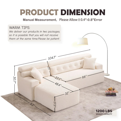 Ly 029B Convertible Chaise Sectional Sofa Full Compression Sponge Modular Couch Cloud 3 Seater Wood Grain Chenille 2 Pillows - Antique White - Furniture Home Direct