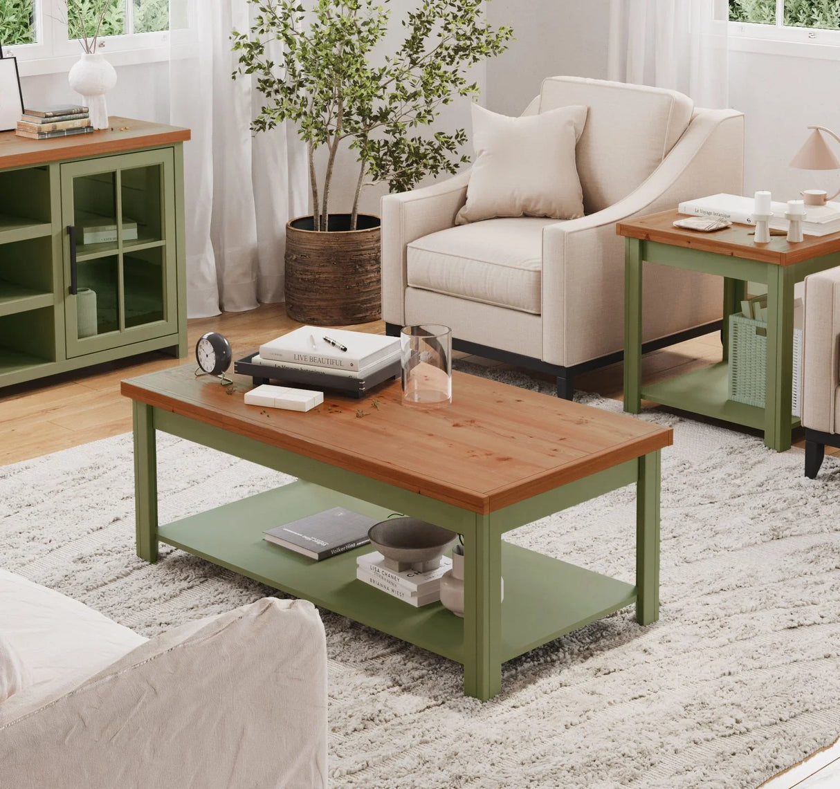 Vineyard - Coffee Table - Sage Green And Fruitwood - Furniture Home Direct