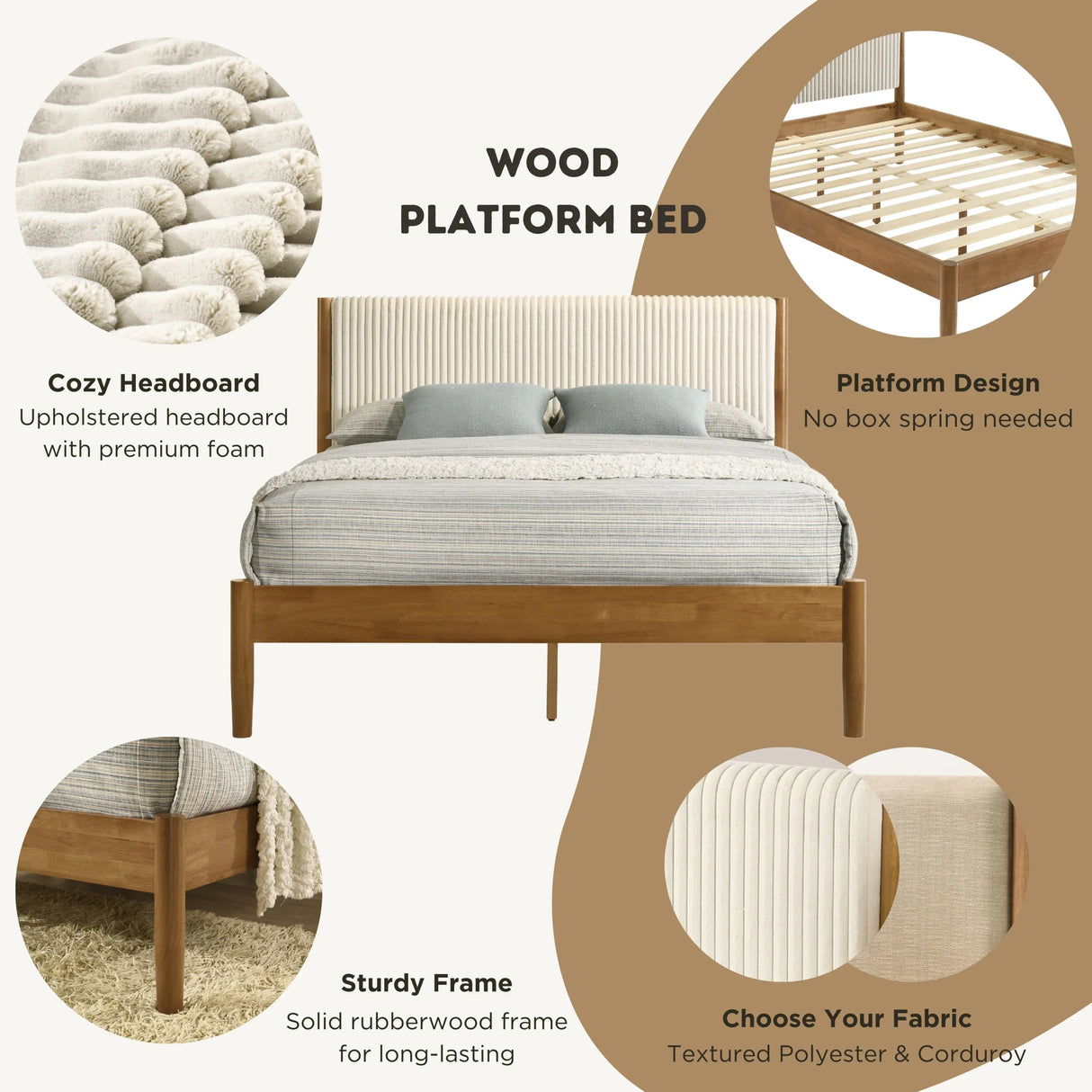 Queen Bed Corduroy Upholstered Contemporary Walnut - Furniture Home Direct