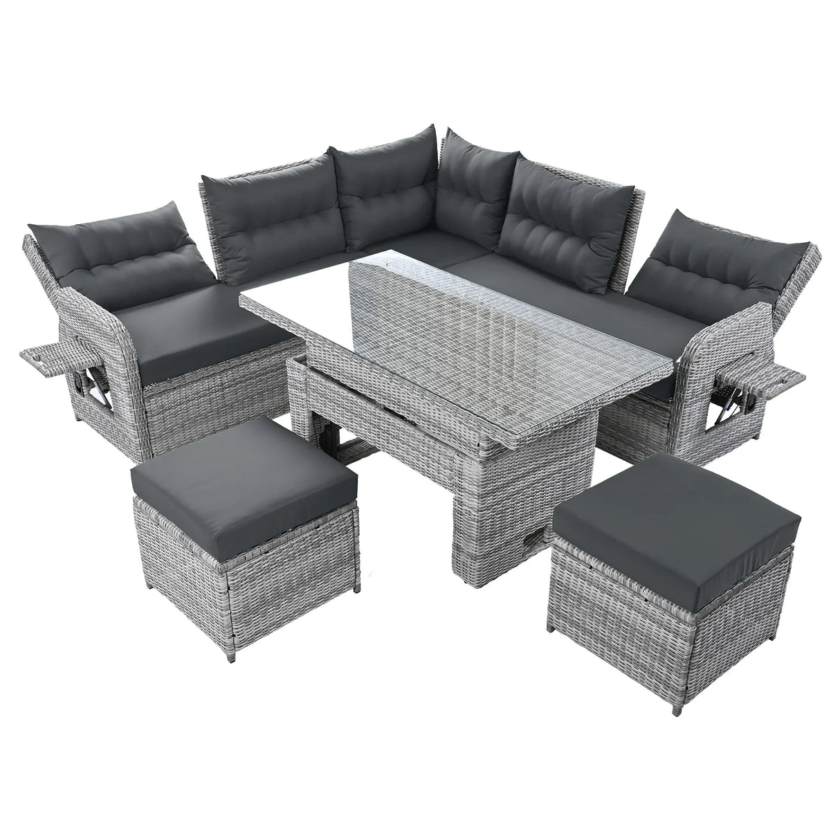 6 Piece Patio Set With An Adjustable Table, Recliners With Extendable Side Tables, And 2 Ottomans - Gray - Furniture Home Direct