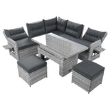 6 Piece Patio Set With An Adjustable Table, Recliners With Extendable Side Tables, And 2 Ottomans - Gray - Furniture Home Direct