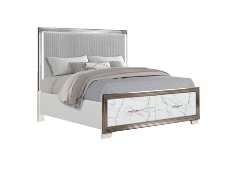 Queen Bed Set LED Upholstered Headboard Marble Finish White - Furniture Home Direct