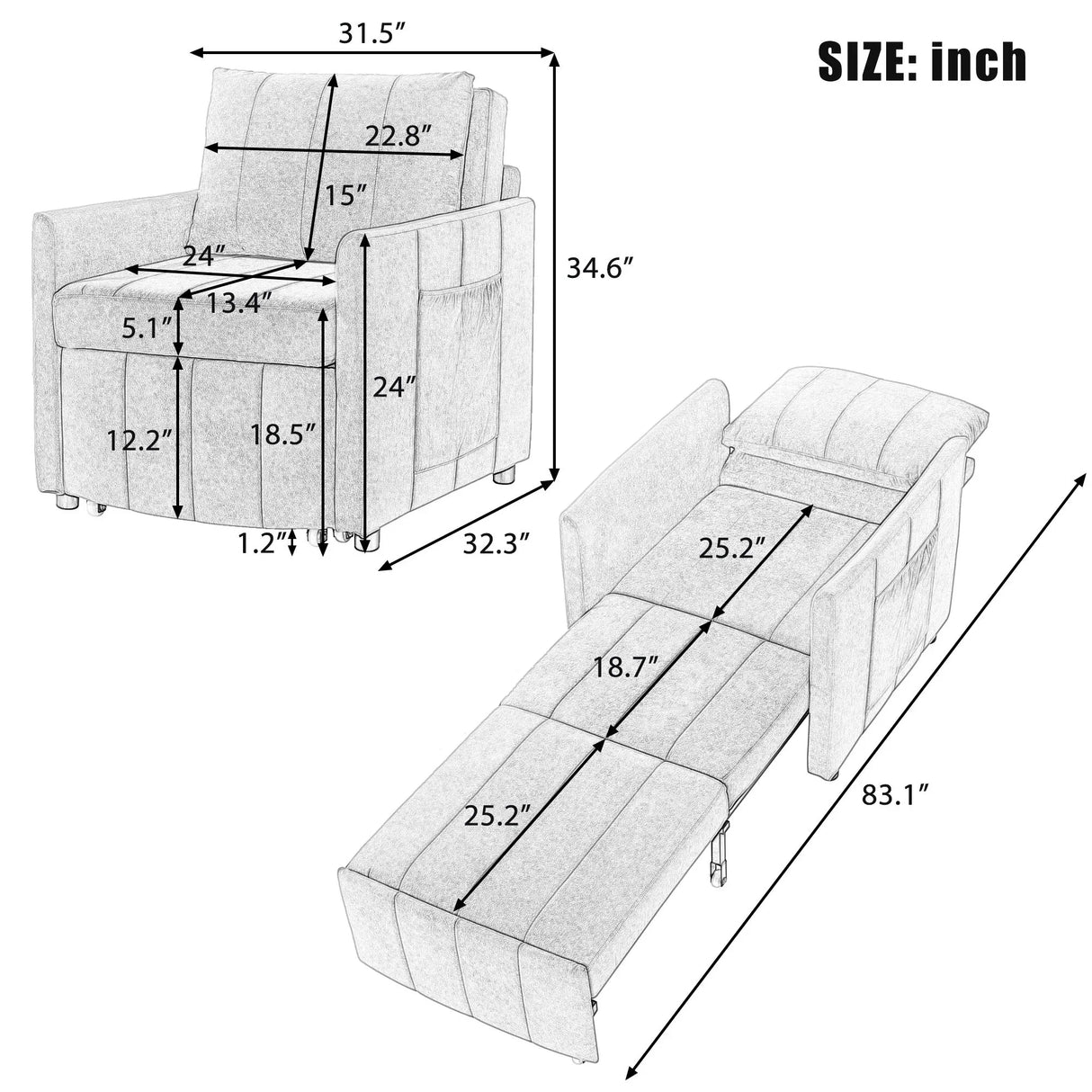 Upholstered Convertible Sleeper Sofa With 5 Position Backrest, Side Pockets, Storage - Furniture Home Direct